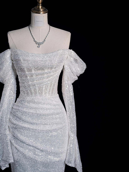 Off The Shoulder White Sequins Mermaid Wedding Dress for Bridal   P797