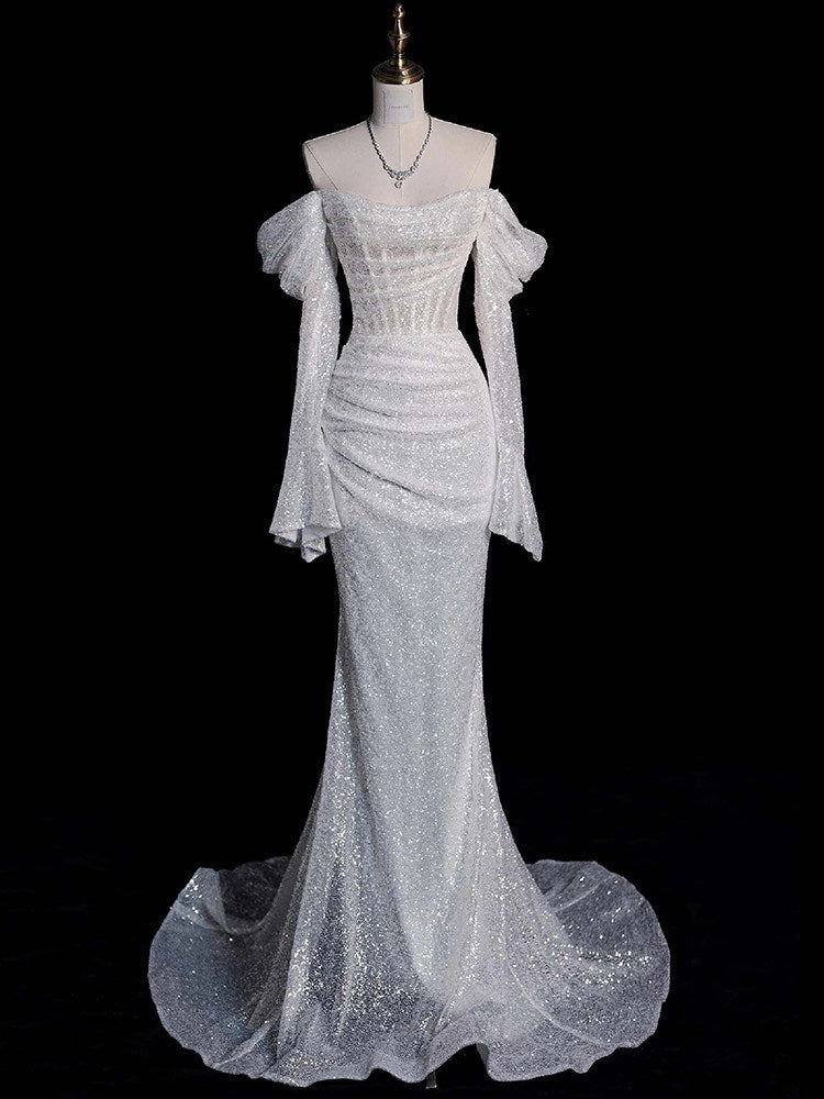 Off The Shoulder White Sequins Mermaid Wedding Dress for Bridal   P797