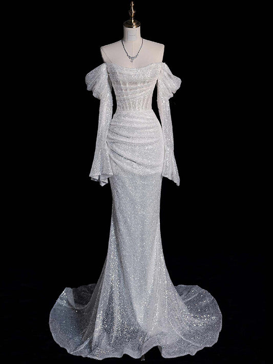 Off The Shoulder White Sequins Mermaid Wedding Dress for Bridal   P797