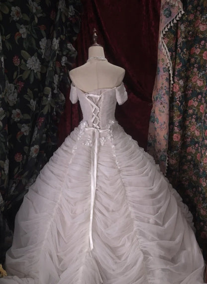 Off The Shoulder White Wedding Dress Tulle Birthday Gown  P1988