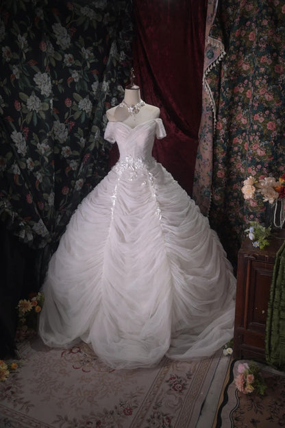 Off The Shoulder White Wedding Dress Tulle Birthday Gown  P1988