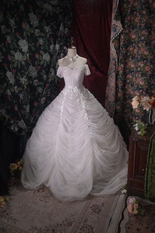 Off The Shoulder White Wedding Dress Tulle Birthday Gown  P1988
