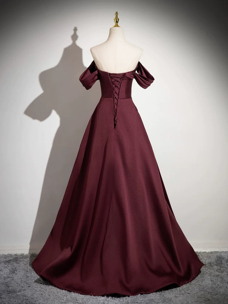 Off The Shoulder Wine Red Satin A Line Prom Dress  P1270