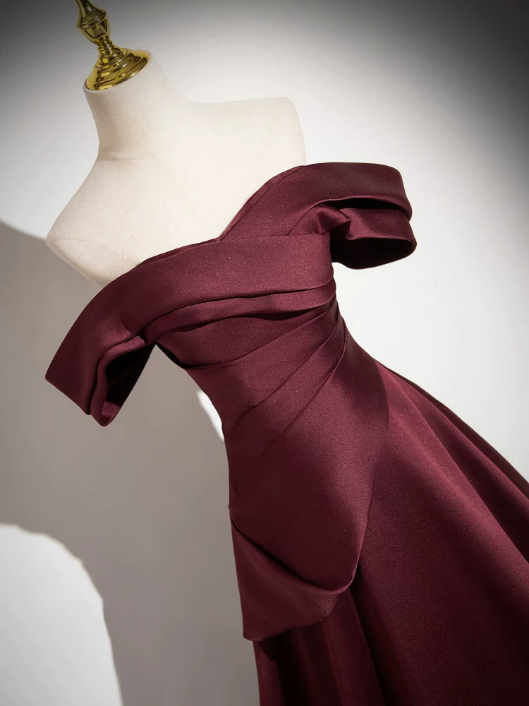Off The Shoulder Wine Red Satin A Line Prom Dress  P1270