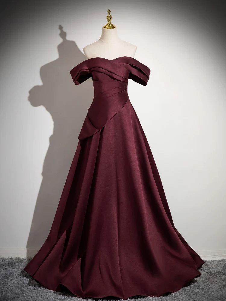 Off The Shoulder Wine Red Satin A Line Prom Dress  P1270