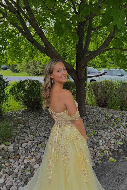 Off The Shoulder Yellow Appliques Long Prom Dress  P2460