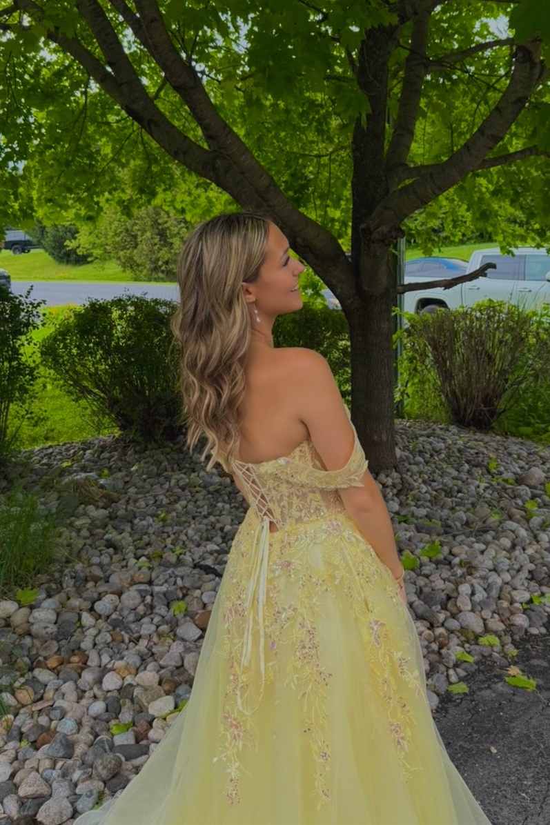 Off The Shoulder Yellow Appliques Long Prom Dress  P2460