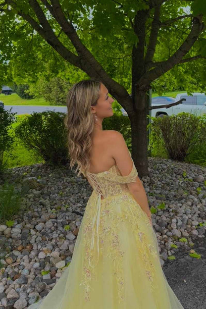 Off The Shoulder Yellow Appliques Long Prom Dress  P2460