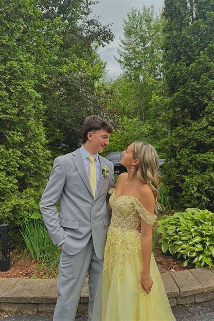 Off The Shoulder Yellow Appliques Long Prom Dress  P2460