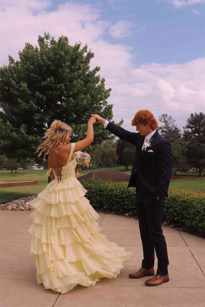 Off The Shoulder Yellow Chiffon Formal Prom Dress With Appliques  P2492
