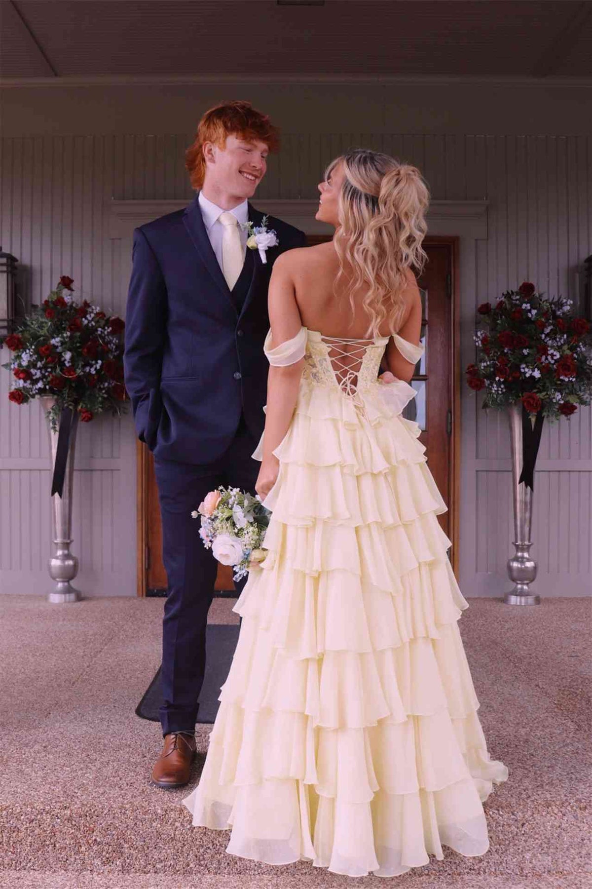 Off The Shoulder Yellow Chiffon Formal Prom Dress With Appliques  P2492