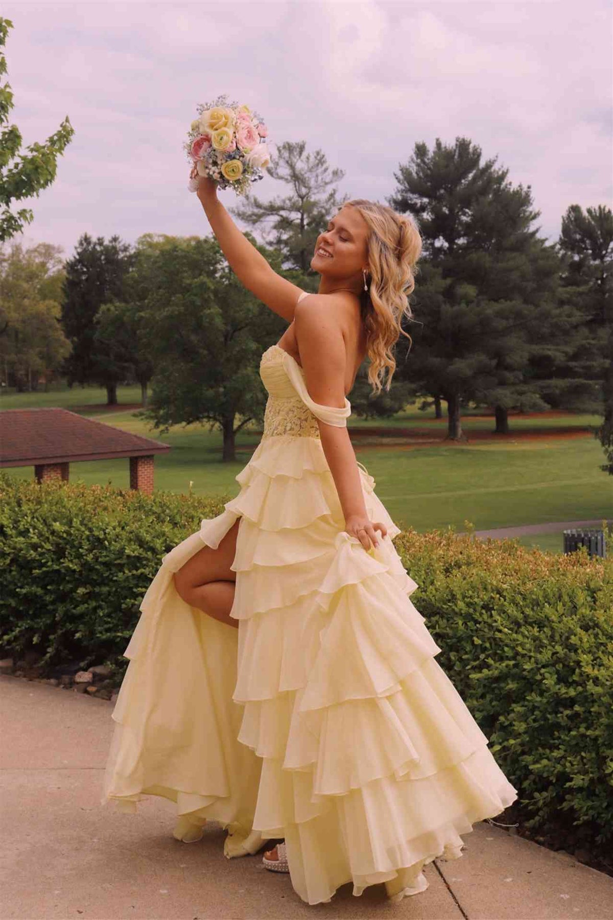 Off The Shoulder Yellow Chiffon Formal Prom Dress With Appliques  P2492
