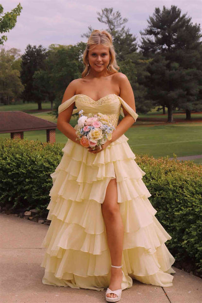 Off The Shoulder Yellow Chiffon Formal Prom Dress With Appliques  P2492