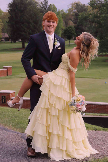 Off The Shoulder Yellow Chiffon Formal Prom Dress With Appliques  P2492