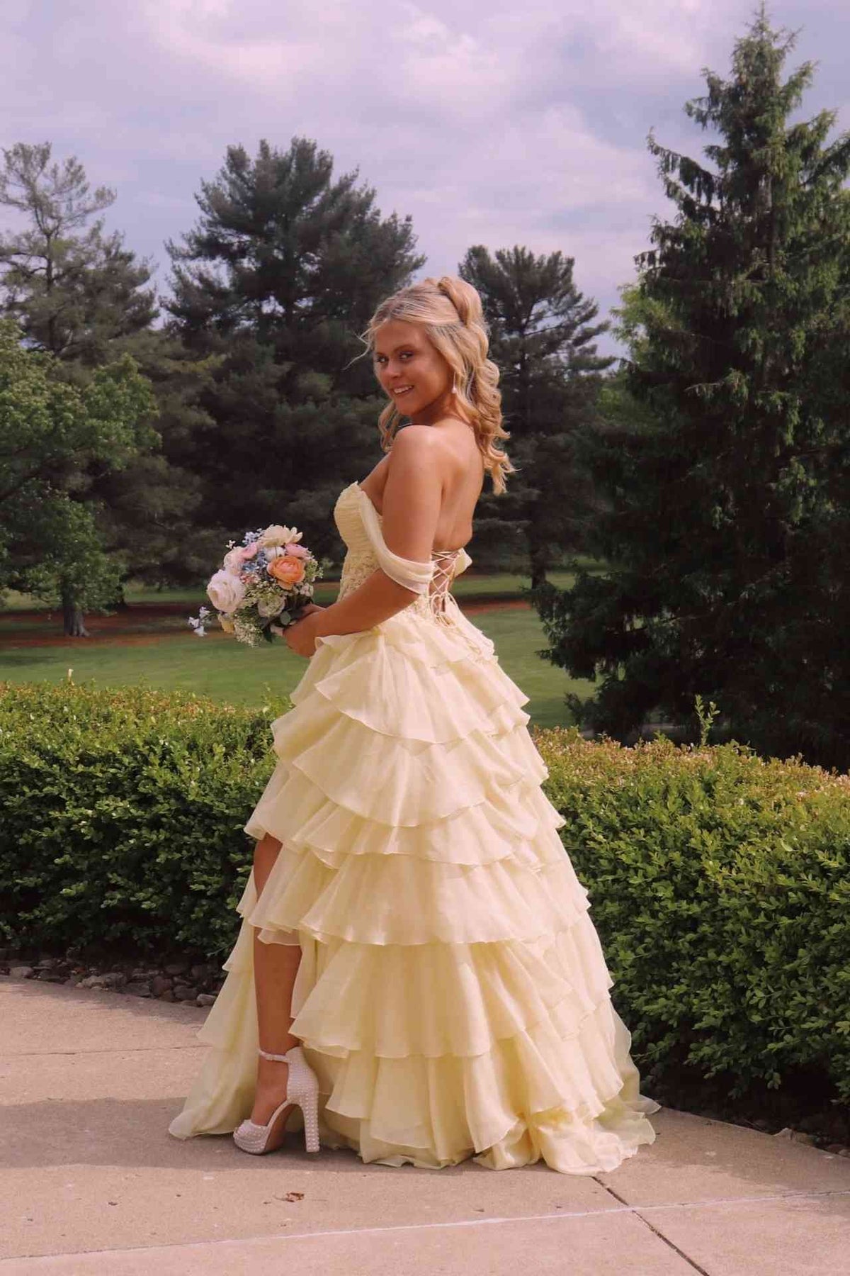 Off The Shoulder Yellow Chiffon Formal Prom Dress With Appliques  P2492