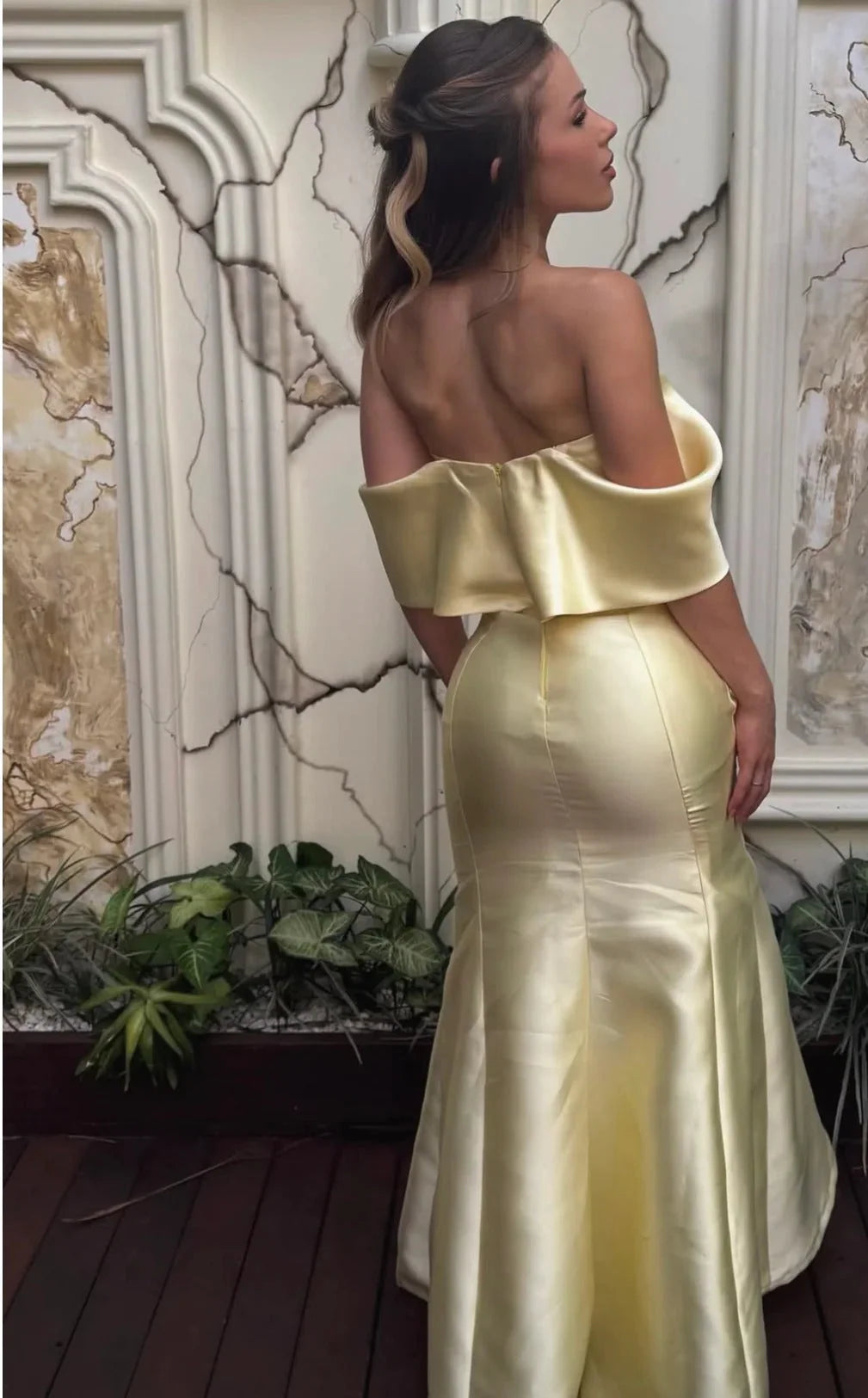 Off The Shoulder Yellow Satin Mermaid Prom Dress Wedding Guest Dress  P2594