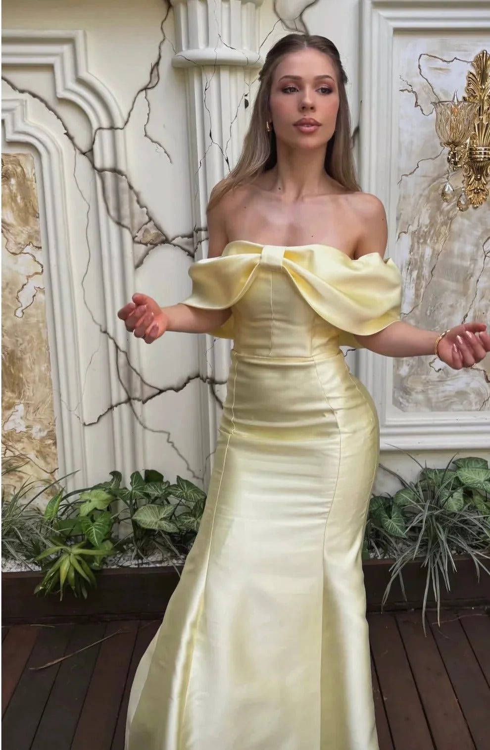 Off The Shoulder Yellow Satin Mermaid Prom Dress Wedding Guest Dress  P2594