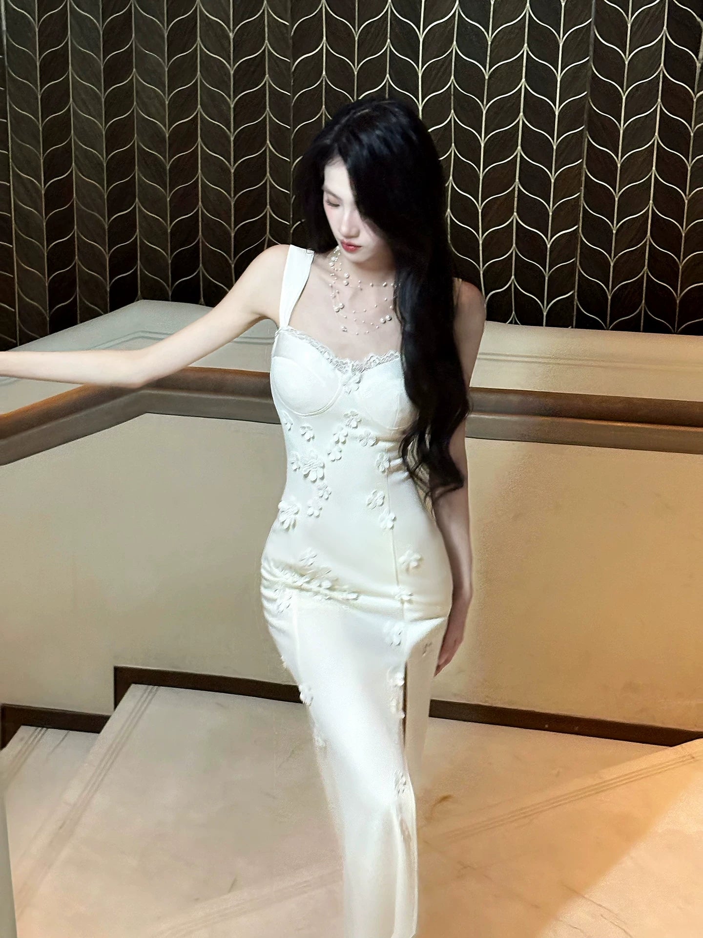 Off White Sheath Formal Dress With 3d Flowers Senior Prom Dress With Slit  P601