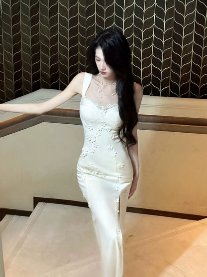 Off White Sheath Formal Dress With 3d Flowers Senior Prom Dress With Slit  P601