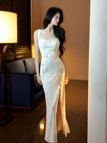 Off White Sheath Formal Dress With 3d Flowers Senior Prom Dress With Slit  P601