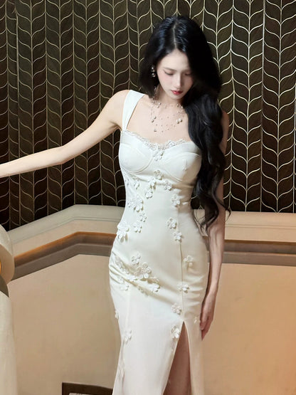 Off White Sheath Formal Dress With 3d Flowers Senior Prom Dress With Slit  P601