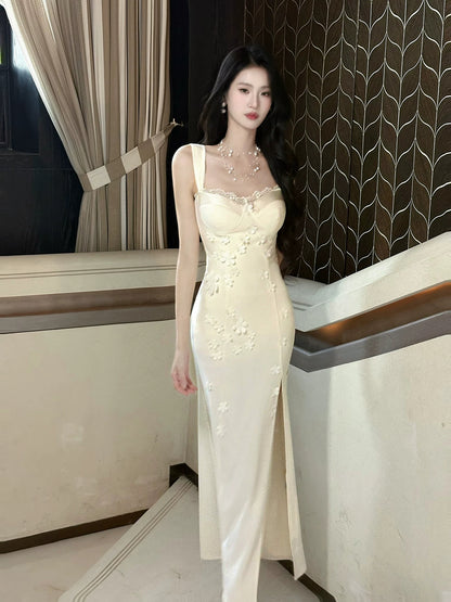 Off White Sheath Formal Dress With 3d Flowers Senior Prom Dress With Slit  P601