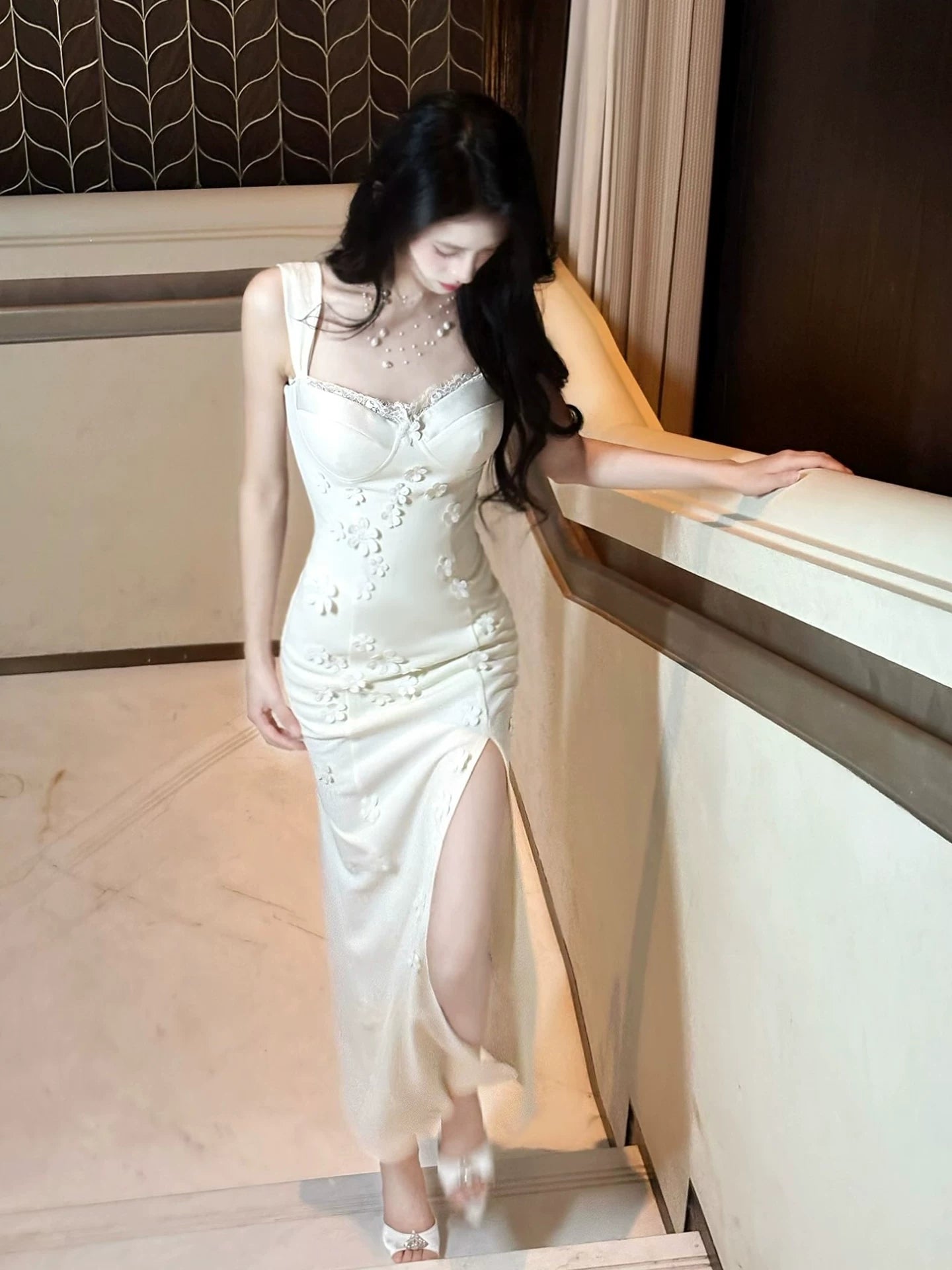 Off White Sheath Formal Dress With 3d Flowers Senior Prom Dress With Slit  P601