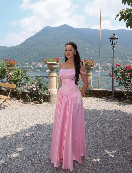 Off The Shoulder Satin Bridesmaid Dress A Line Pink Prom Dress P822