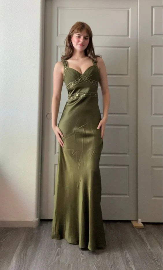 Olive Green Mermaid Satin Long Prom Dress  P1078