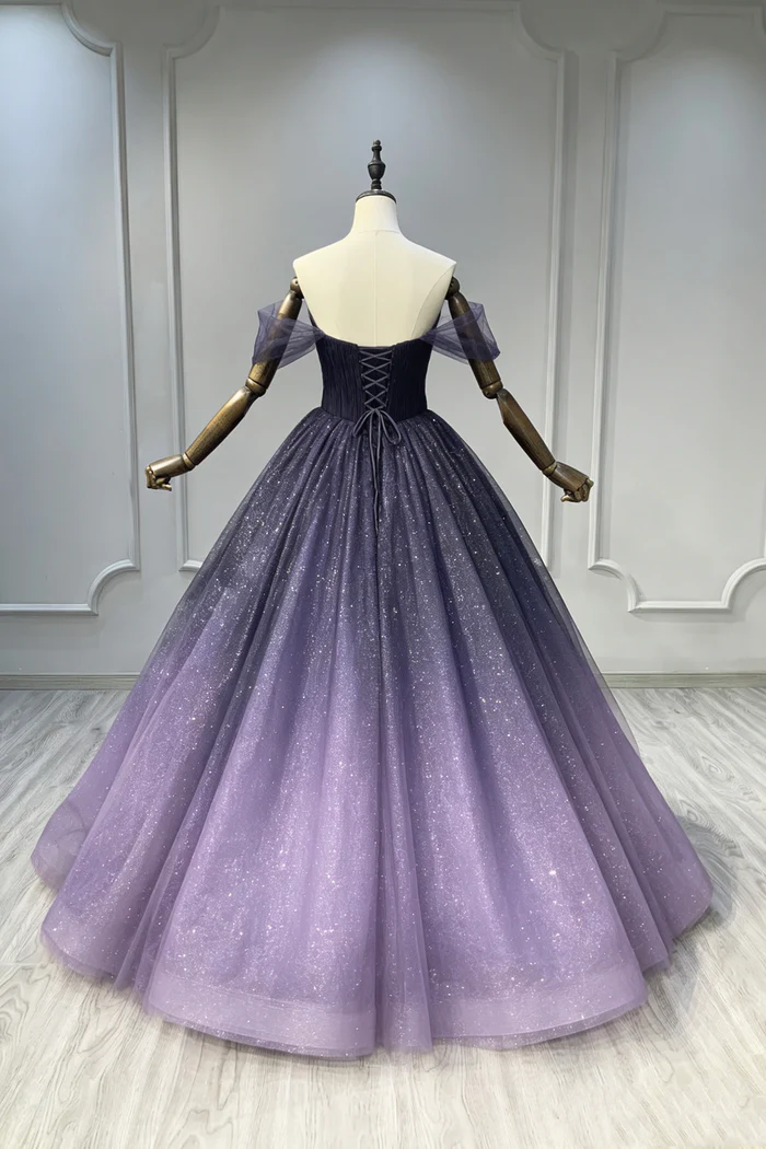 Ombre Purple Sparkle Evening Gown Off The Shoulder Tulle Princess Prom Dress  P646