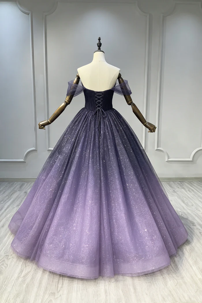 Ombre Purple Sparkle Evening Gown Off The Shoulder Tulle Princess Prom Dress  P646