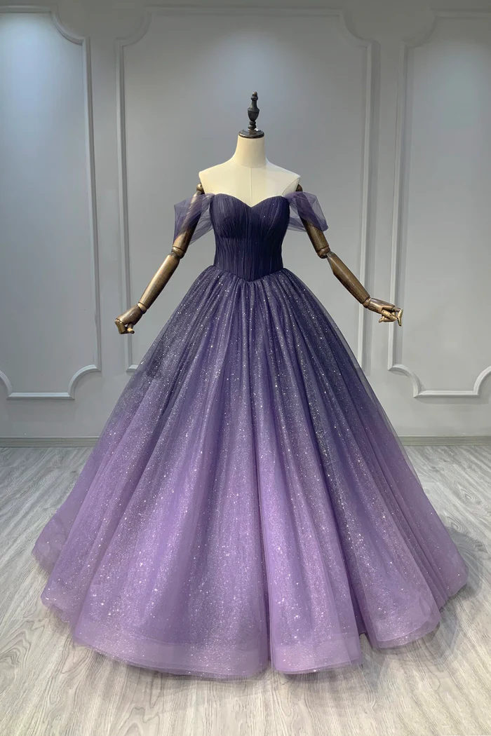 Ombre Purple Sparkle Evening Gown Off The Shoulder Tulle Princess Prom Dress  P646