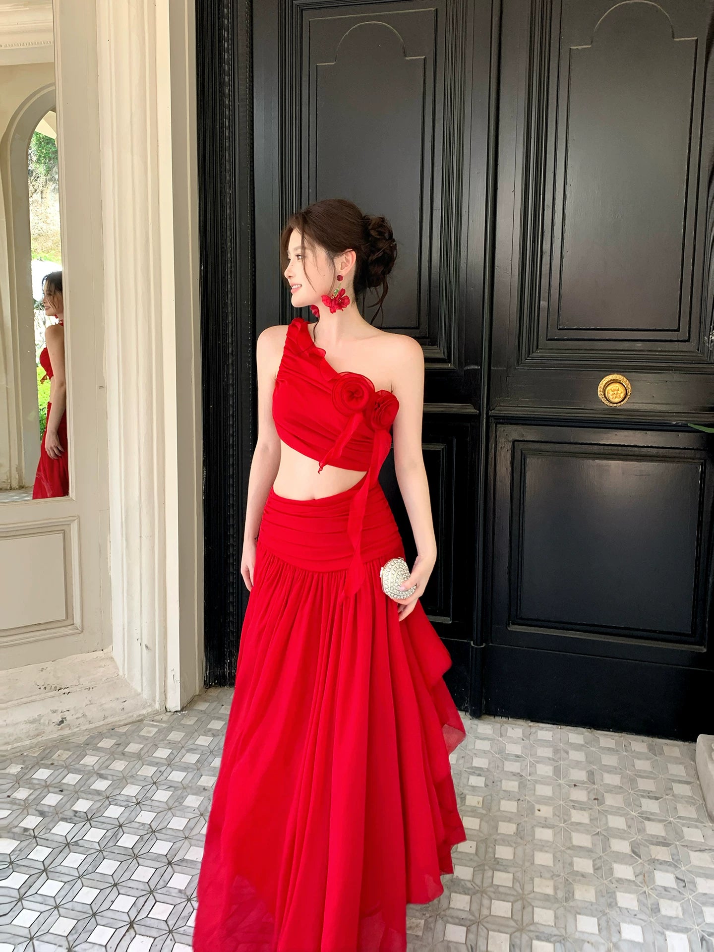 One Shoulder A Line Red Chiffon Wedding Guest Dress  P1631
