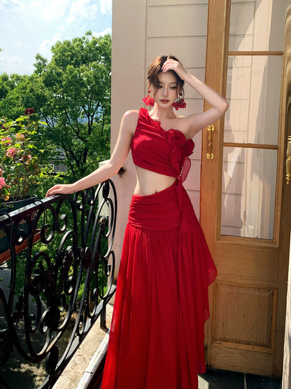 One Shoulder A Line Red Chiffon Wedding Guest Dress  P1631