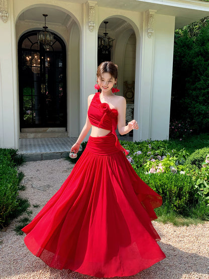 One Shoulder A Line Red Chiffon Wedding Guest Dress  P1631