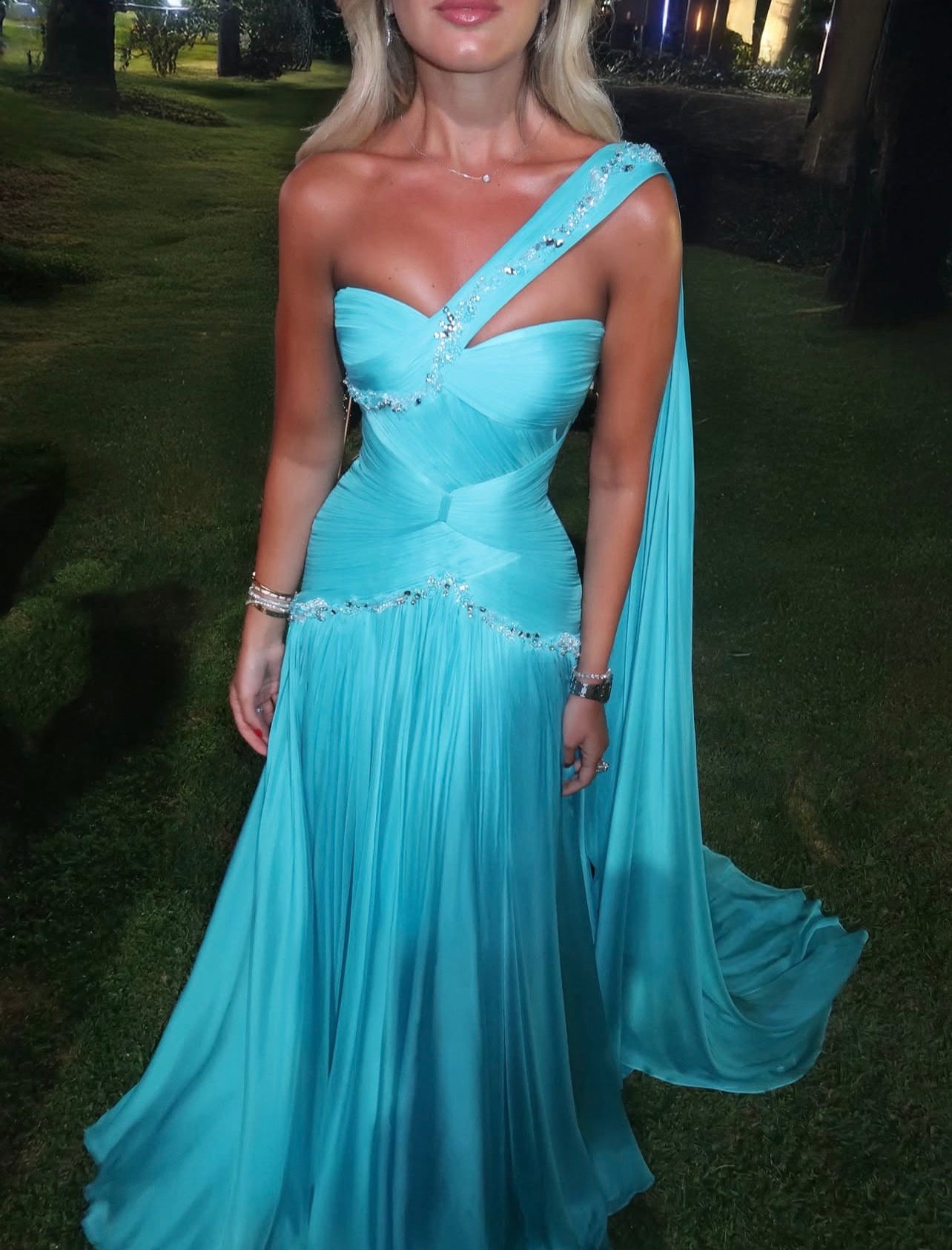 One Shoulder Beaded Blue Wedding Guest Dress Long Formal Dress  P2047