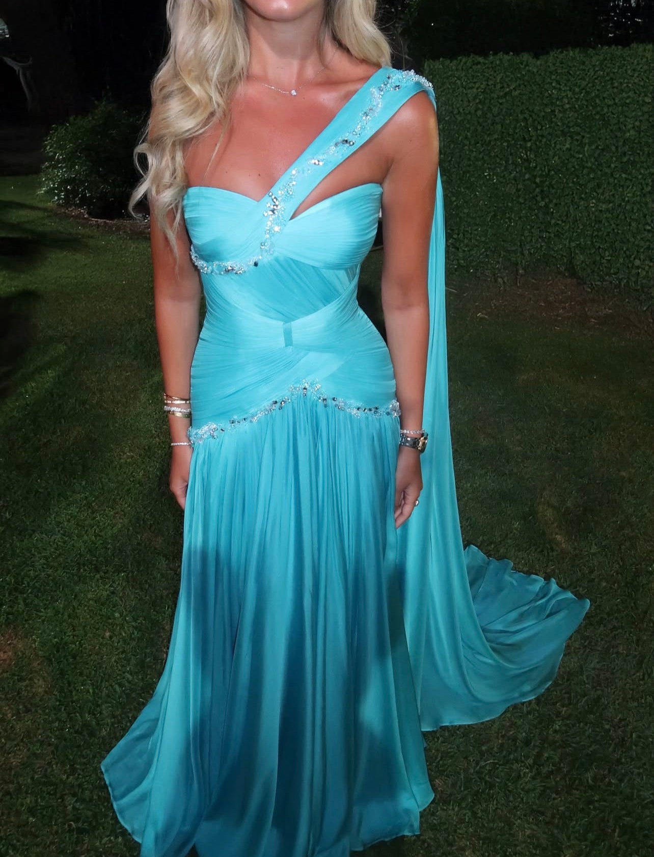One Shoulder Beaded Blue Wedding Guest Dress Long Formal Dress  P2047