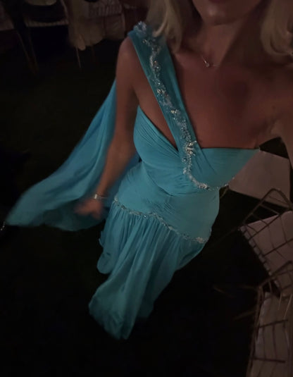 One Shoulder Beaded Blue Wedding Guest Dress Long Formal Dress  P2047