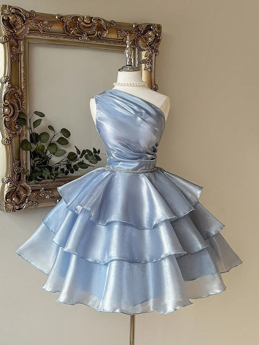 One Shoulder Blue Layered Homecoming Dress  P1574