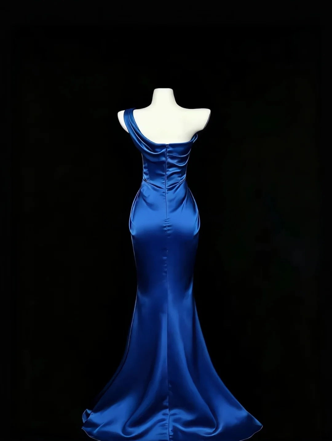 One Shoulder Blue Mermaid Satin Formal Prom Dress   P2392
