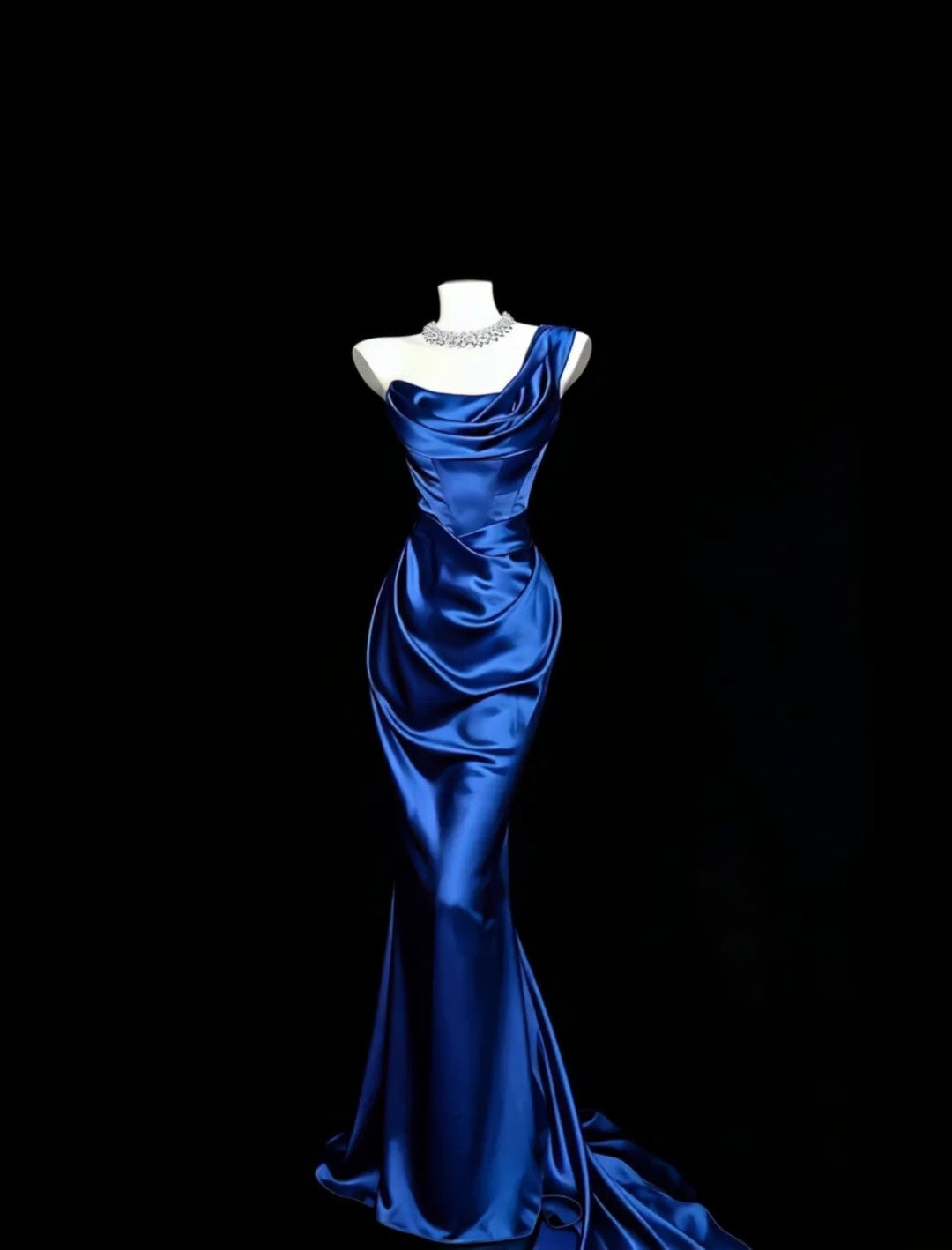 One Shoulder Blue Mermaid Satin Formal Prom Dress   P2392
