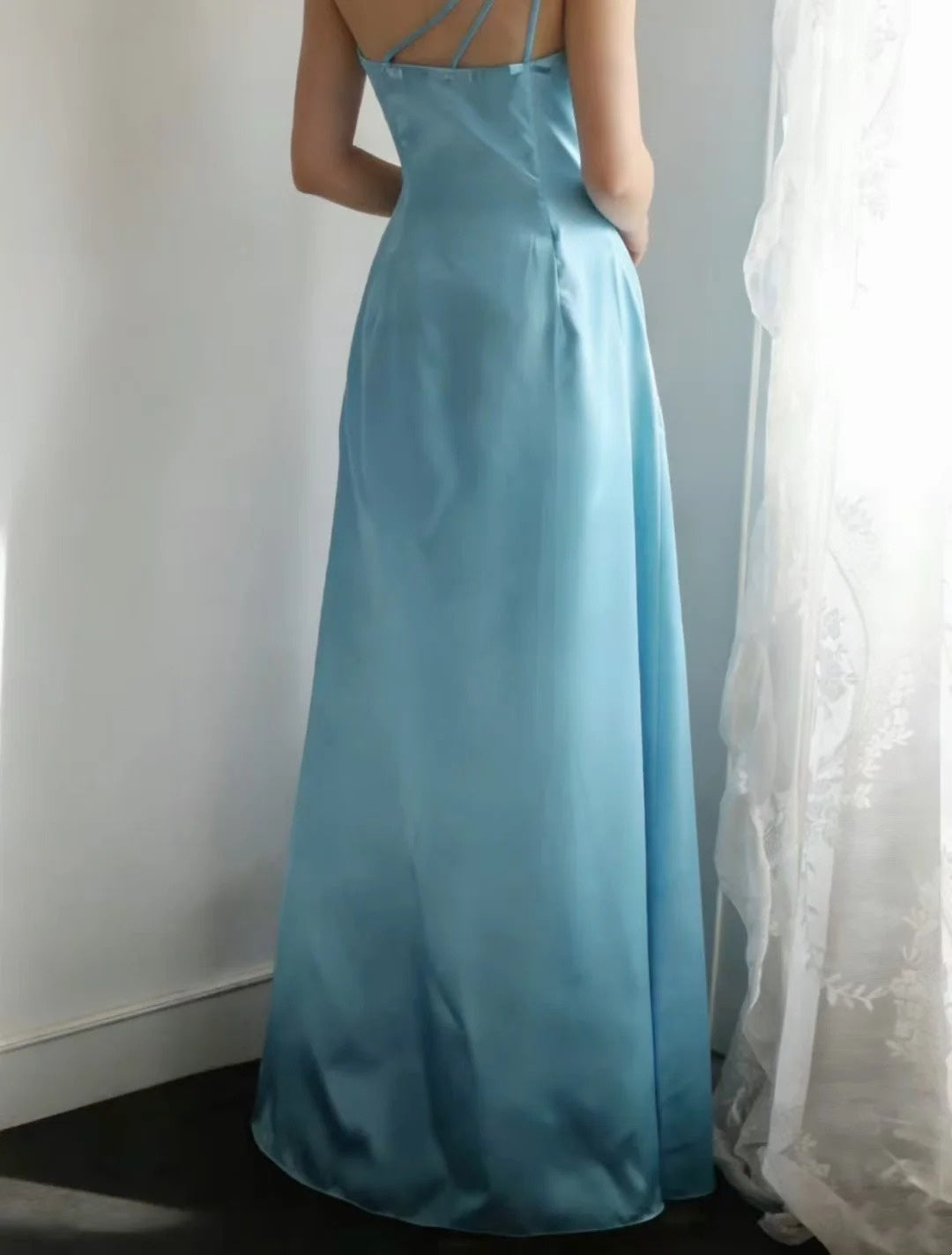 One Shoulder Blue Mermaid Wedding Guest Dress Long Bridesmaid Dress    P2000