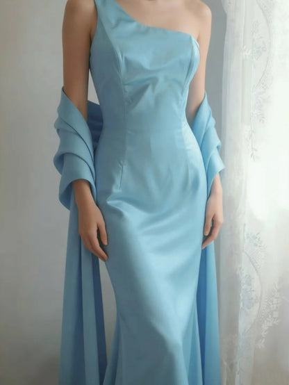 One Shoulder Blue Mermaid Wedding Guest Dress Long Bridesmaid Dress    P2000