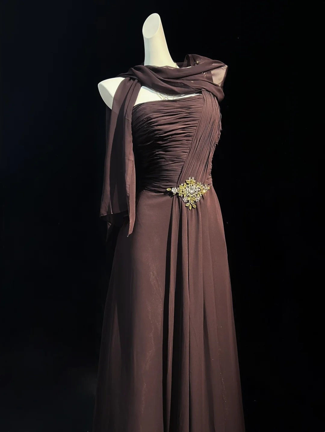 One Shoulder Brown Chiffon Prom Dress Elegant Evening Dress  P1514