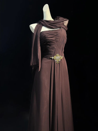 One Shoulder Brown Chiffon Prom Dress Elegant Evening Dress  P1514