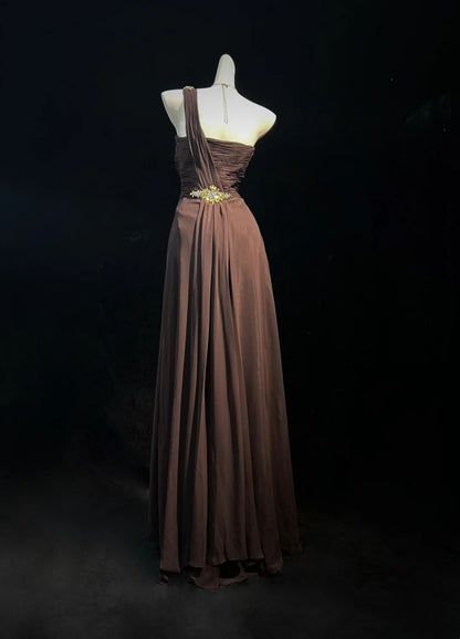 One Shoulder Brown Chiffon Prom Dress Elegant Evening Dress  P1514