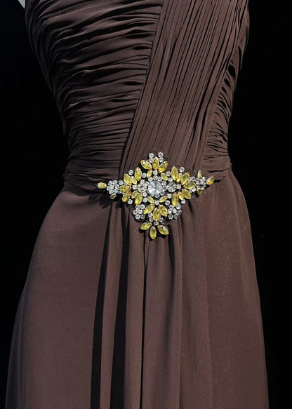 One Shoulder Brown Chiffon Prom Dress Elegant Evening Dress  P1514