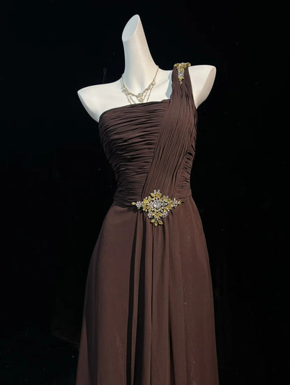 One Shoulder Brown Chiffon Prom Dress Elegant Evening Dress  P1514