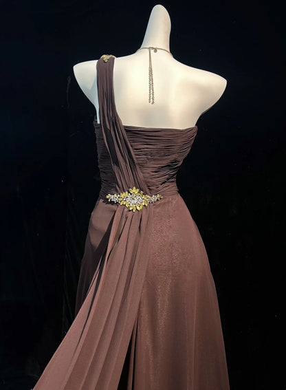 One Shoulder Brown Chiffon Prom Dress Elegant Evening Dress  P1514
