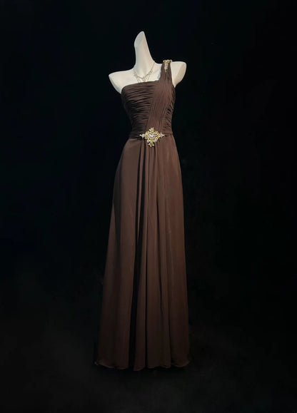 One Shoulder Brown Chiffon Prom Dress Elegant Evening Dress  P1514